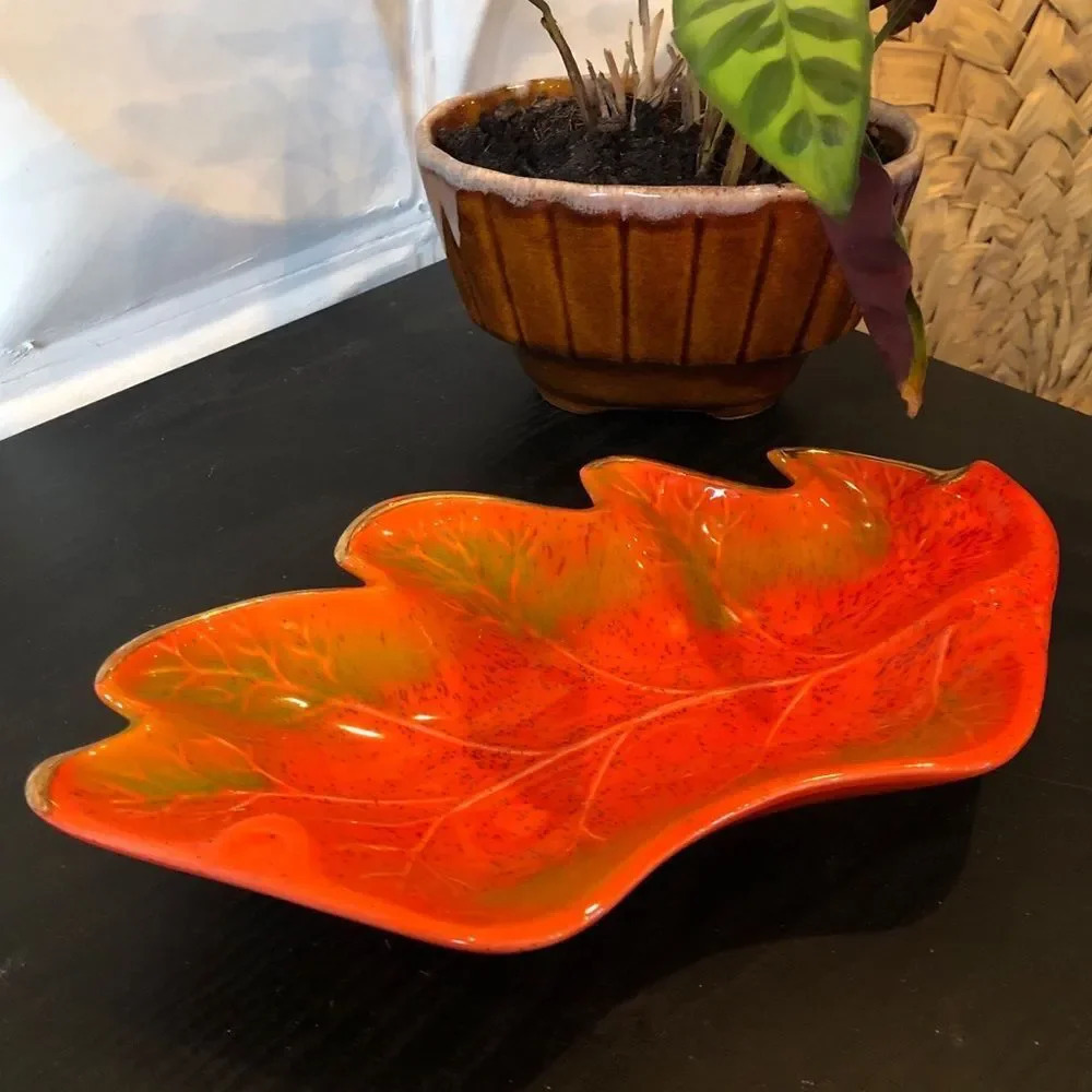 Vintage 70's California Pottery Orange Leaf Shaped Bowl